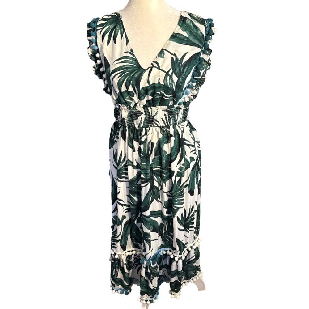 4/$30 Tropical Leaf Print Dress with Ruffle Trim size medium